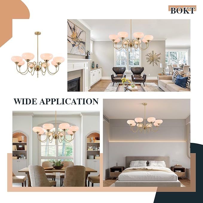 BOKT Gold Mid Century Chandelier Over Table 8-Light Pink Flush Mount Ceiling Light Fixture Kitchen Adjustable Height Ceiling Hanging Light Pink Globe Glass Chandelier for Dining Room Bedroom