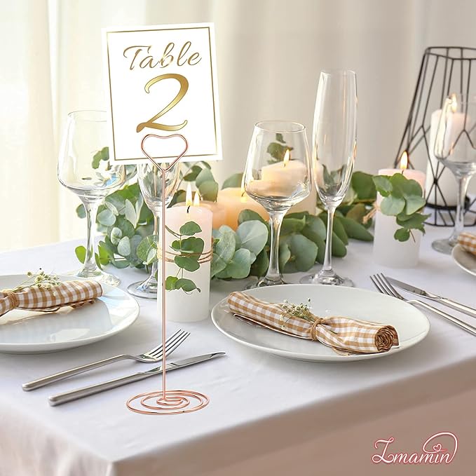 16pcs Place Card Holders, 8.75 Inches Tall Table Number Holders, Rose Gold Picture Holder for Tables with Heart Shaped Clip for Wedding, Photos, Food Signs, Memo Notes, Restaurant, Birthday