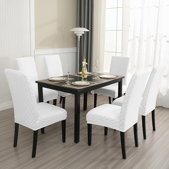 MOSAYT 100% Waterproof Dining Room Chair Covers Set of 4, Super Fit Stretch Jacquard Parson Chairs Slipcovers Removable Washable Chair Seat Protectors for Home, Kitchen, Banquet (White)