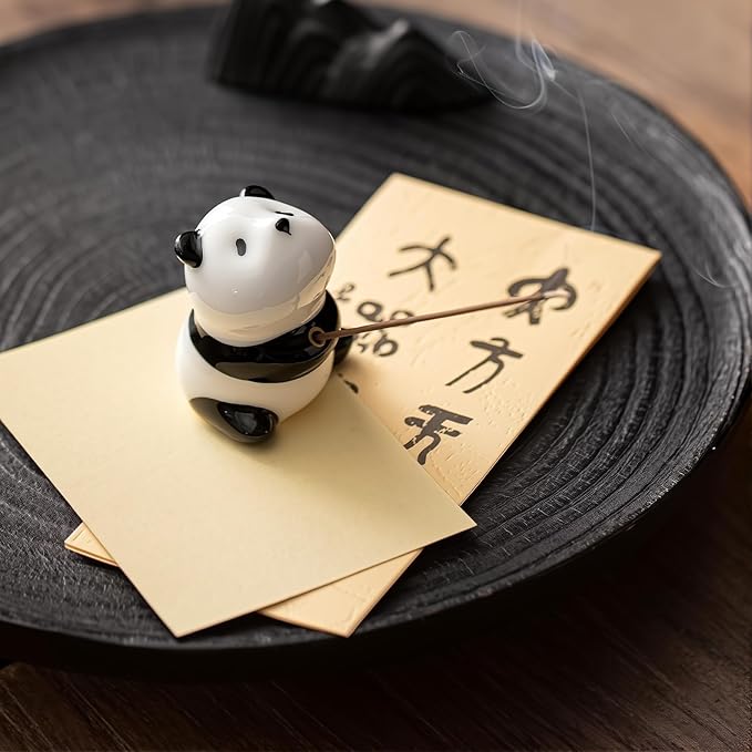 Handmade Ceramic Panda Incense Holder | Extra-Long Bamboo Mat & Sandalwood Sticks | Zen Home Decor | Yoga & Meditation Essentials (Panda)