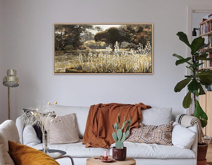 BLINFEIRU Framed Canvas Wall Art Decoration, Vintage Nature Landscape Painting Prints, Countryside Farmhouse Wildflower Field Artwork, Rustic Scenery Picture, Home Living Room Bedroom Decor 20"x40"