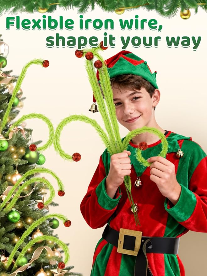 27" Elf Christmas Tree Topper - 6Pcs Lime Green Fluffy Curly Christmas Tree Picks Decorations Filler Ornaments with Glitter Red Balls, for Home Wreath Vase Holiday Party