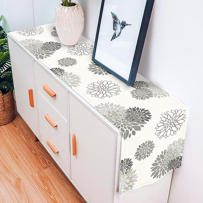 Gray Dahlia Table Runner Modern Elegant Flower Beige Table Runners Geometric Pompon Farmhouse Coffee Table Center Decor for Home Kitchen Dining Party Indoor Outdoor (13x72 Inch)