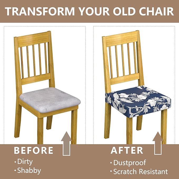 Stretch Dining Chair Seat Covers Set of 4,Dining Chair Slipcovers, Floral Printed Chair Covers,Soft Fabric Washable Upholstered Chair Seat Protector, No Rear Covers for Home Kitchen Dining Room