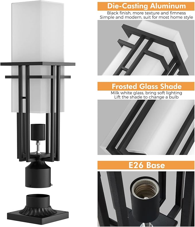 Outdoor Post Light Fixture - Aluminum Lamp Posts Outdoor Lighting, Outdoor Lightpost Lantern with 3-Inch Pier Mount Base Outside Pole Lighting for Porch Garnden (19.3''H, 1 pc)