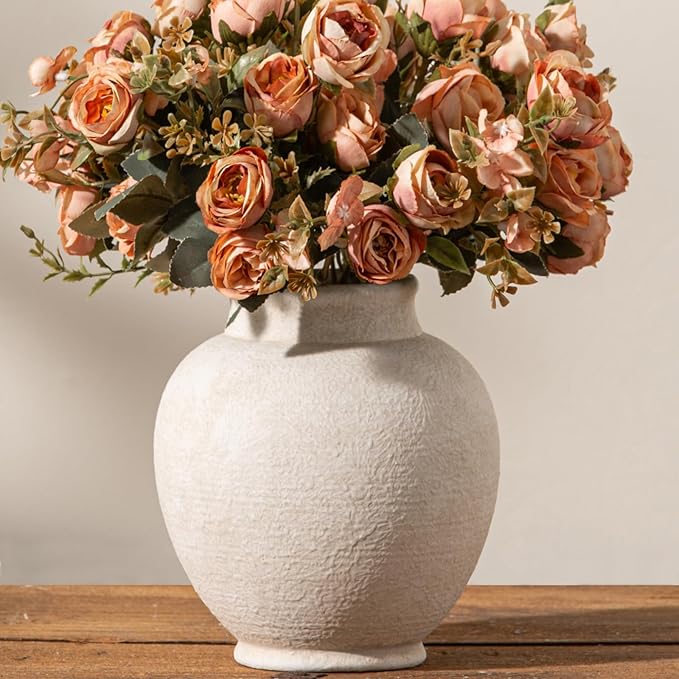 Ceramic Flower Vase, 6.7 Inch White Flower Vase Rustic Farmhouse Decorative Vase Floral Pottery Vases for Home Decor Table Living Room Entryway Mantel Bookshelf Bedroom Bathroom Kitchen - White