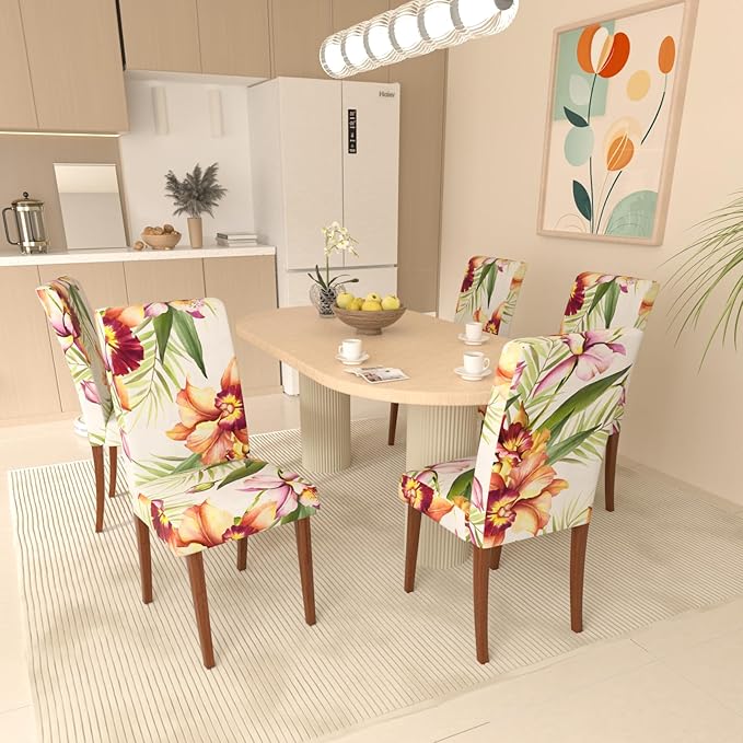 Stretch Dining Chair Covers Set of 4,Floral Print Chair Covers,Soft Removable Washable,Pet Friendly Furniture Protector,Universal Chair Slipcovers for Home, Kitchen,Ceremony Dining Room Seat