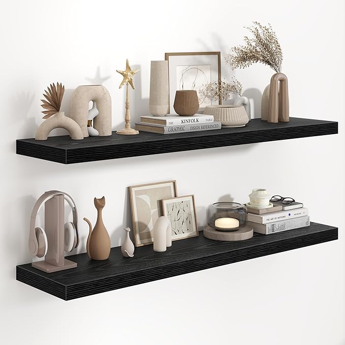 Fun Memories 48 Inch Floating Shelves in Black, 9.3 Inch Deep Wall Shelves for Bathroom, Living Room, Bedroom, Kitchen, Deep Long Shelf Wall Mounted 2 Pack Shelf for Books, Decor