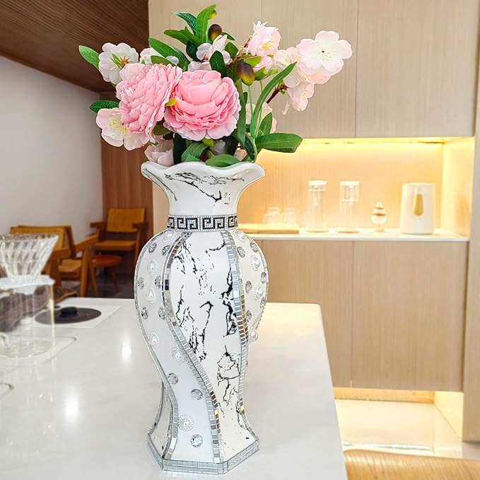 Modern Decorative Vase,Silver Flower Vase for Home Decor with Rhinestone,30 cm Luxury Ceramic Vase for Centerpiece,Living Room,Bedroom,Large Flower Vase