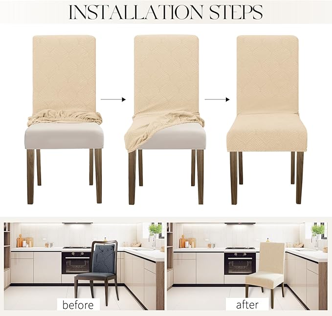 MOSAYT 100% Waterproof Dining Room Chair Covers Set of 6, Super Fit Stretch Jacquard Parson Chairs Slipcovers Removable Washable Chair Seat Protectors for Home, Kitchen, Banquet (Beige)