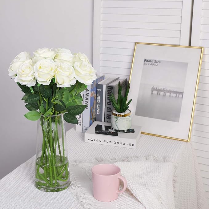 Nubry Artificial Silk Rose Flower Bouquet Lifelike White Fake Rose for Wedding Home Party Decoration Event Gift 10pcs (Off White)