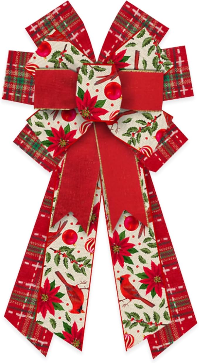 Large Christmas Wreath Bows, Christmas Red Flowers Plaids Burlap Linen Bows for Wreath, Large Tree Topper Ribbon Bows for New Year Home Indoor Outdoor Xmas Party Decoration Wreath Ornament Supplies