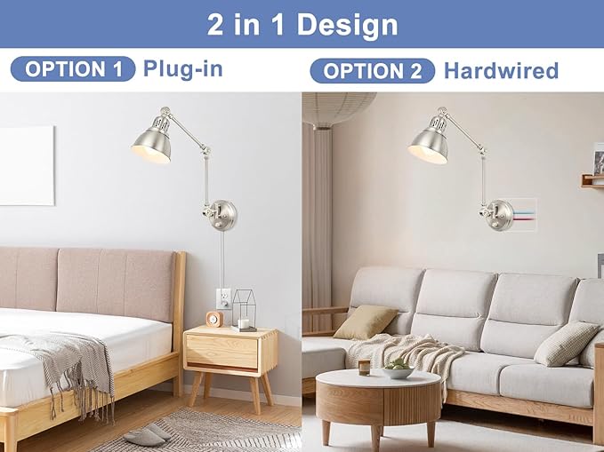 2 Pack Plug in Wall Sconces with Remote, Dimmable, Adjustable Colors, Swing Arm Wall Lamps, Wall Sconces Set of Two with Timer & Night Light, Plug-in or Hardwired (Brushed Nickel, With Bulbs+Remote)