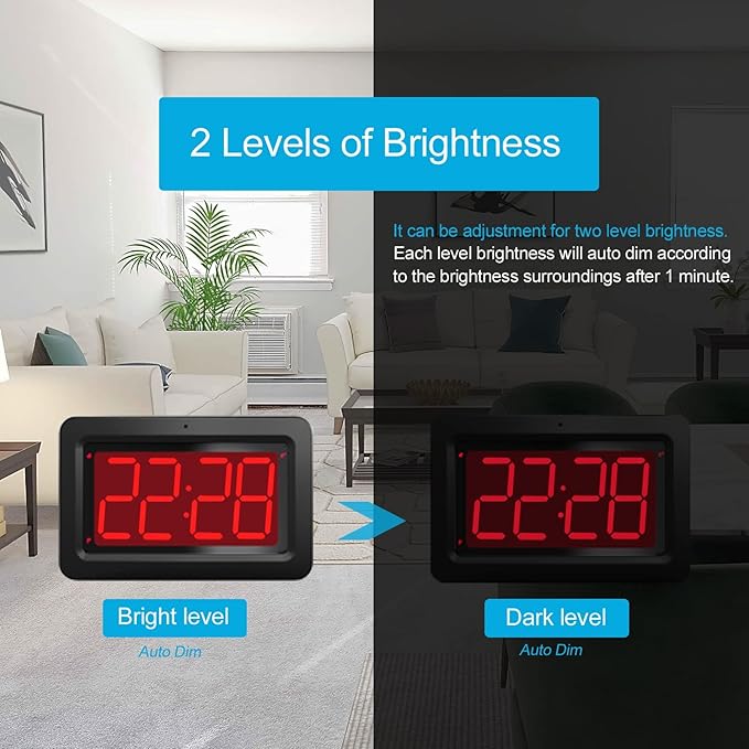 Digital Wall Clock, 3,2'' Led Large Display Alarm Clock, 2-Level auto dimming, 2 Ways of Power (USB or Battery), 2 D Cell Batteries Last About 12 Months，for Bedroom