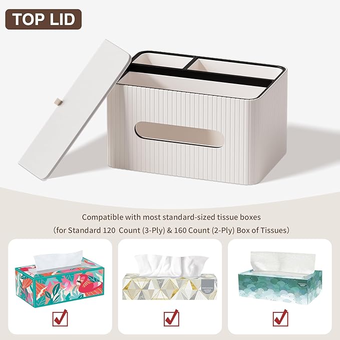 KINGFOM Leather Tissue Box Cover with Storage Tray, Decorative Tissue Box Holder Organizer for Office Desk, Bedroom & Nightstand, Remote Control Holder for Perfume, Watch, Glasses, Pens (Ivory White)