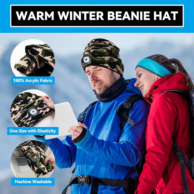 Christmas Stocking Stuffers for Men Adults, Beanie Hats with Light, USB Rechargeable LED Hand Free Headlamp, Birthday Gifts for Men, Women, and Teens, Ideal for Camping, Hiking, 2 Pack, Camouflage