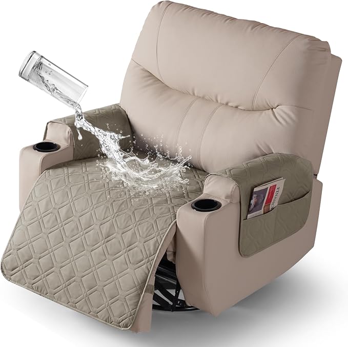 VANSOFY Recliner Chair Covers 100% Waterproof Seat Cover with Arm Reclining Cover Non-Slip Recliner Chair Covers Furniture Protector Washable Slipcover with Pocket for Pets, Dogs(Khaki, 28")