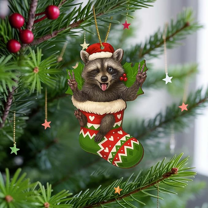 2 Side Printed Flat Christmas Wooden Ornaments, Animal Keepsake Hanging Tree Decoration, Sock Raccoon Ornament