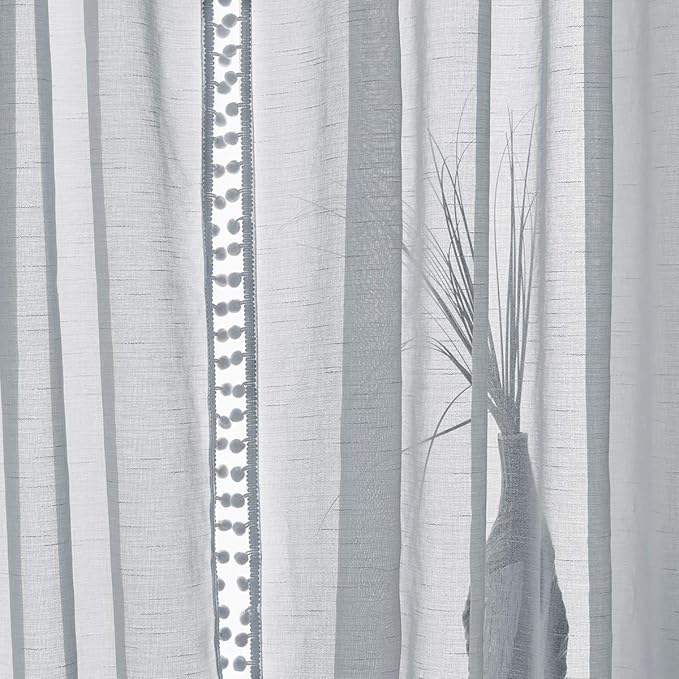 Treatmentex Pom-Pom Grey Sheer Curtains for Bedroom 63" Window Drapes Rod Pocket Textured Sheer Curtain for Kids Room 52" w 2 Panels