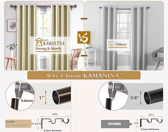 KAMANINA 1 Inch Bronze Curtain Rods 66 to 120 (5.5-10 Feet), Telescoping Splicing Double Curtain Rod for Windows 54 to 115 Inches, Long Curtain Rod with Square Finials