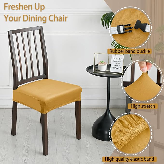 Dining Chair Seat Covers Set of 6, Stretch Velvet Chair Seat Slipcovers Protector, Removable Washable Kitchen Chair Covers for Dining Room Chairs (Set of 6, Mustard)