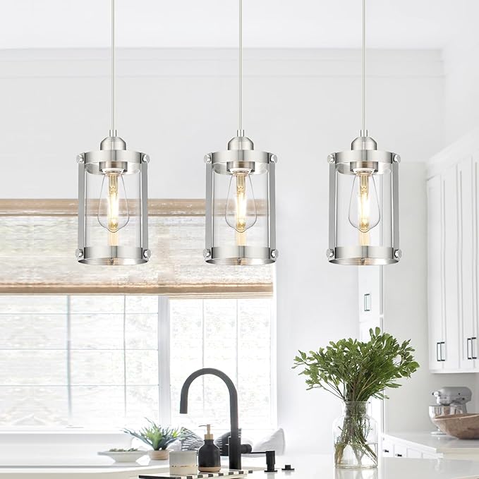 Brushed Nickel Pendant Lights Kitchen Island 3 Pack, Modern Kitchen Pendant Lighting Over Island with Clear Glass, Farmhouse Mini Hanging Light for Sink Dining Room, OS-3014-3PBNC