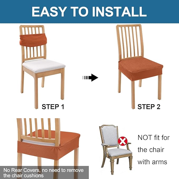 Smiry Waterproof Seat Covers for Dining Room Chairs Set of 6, Stretch Jacquard Removable Washable Chair Seat Slipcovers Protector, No Rear Covers, Rust