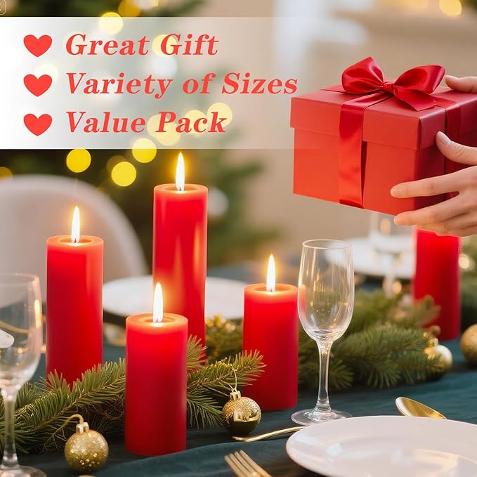 36 Pcs Red Pillar Candles Bulk Set，Hurricane Candles，3 Different Lengths (12 Each)，Dripless Unscented Smokeless，Gives You a Better Atmosphere When Organizing Wedding or Event Party.