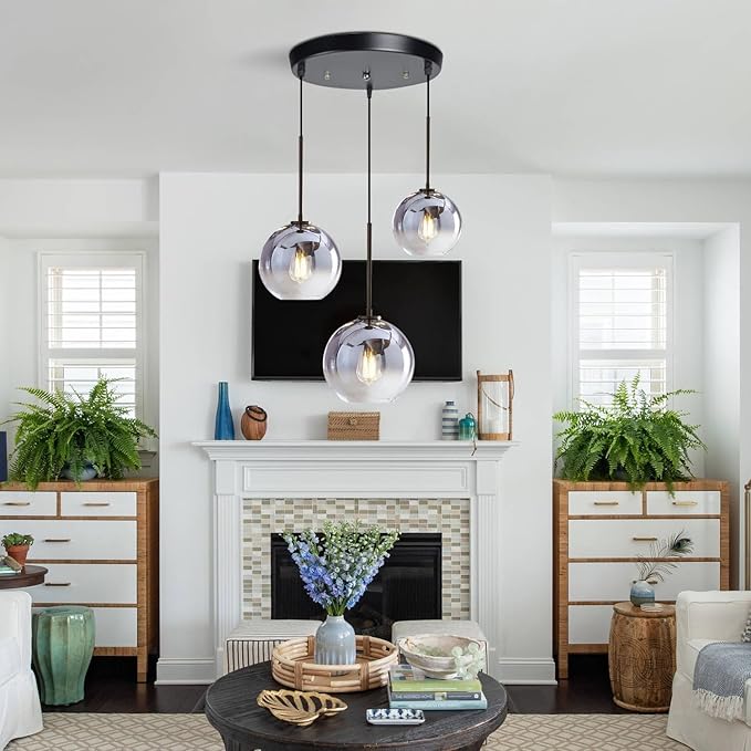 KCO Lighting Modern 3-Light Hanging Light Fixture Silver Gradient Glass Globe Pendant Ceiling Lighting with Adjustable Cord Mid Century Hanging Chandelier Light Fixture for Kitchen Island Bedroom…