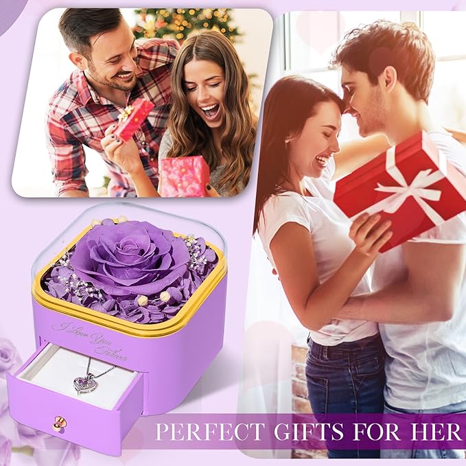 Beferr Birthday Gifts for Women Preserved Real Rose with Necklace Eternal Roses Forever Flowers for Delivery Prime Christmas Day Gifts for Mom Grandma Wife Sister Her from Daughter