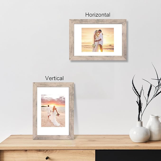 iRahmen 8x12 Picture Frame Set of 4 with High Definition Glass, Smoke Gray Frame Display 6x8 Picture with Mat or 8 x 12 Without Mat, Wood Rustic Photo Frames for Tabletop Display and Wall Mounting