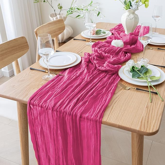 12PCS Table Runner Cheesecloth 10FT Deep Pink Boho Gauze Cheese Cloth Rustic Sheer Table Runners for Wedding Birthday Bridal Baby Shower Party Decoration