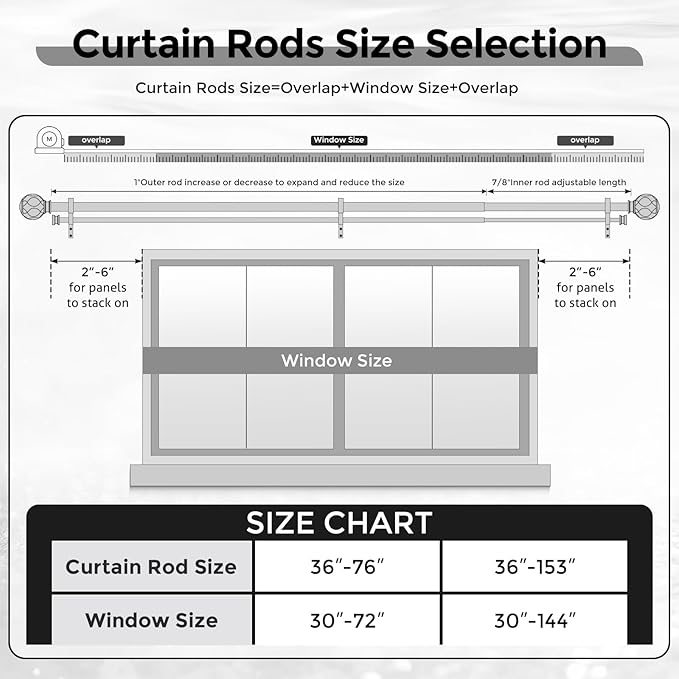 Black Double Curtain Rod, 72 to 144 Inch Extra Long Dual Curtain Rods with Boho Netted Texture Finial, Decorative 1 Inch Adjustable Window Treatment Rod, Antique Vintage Farmhouse Double Drapery Pole