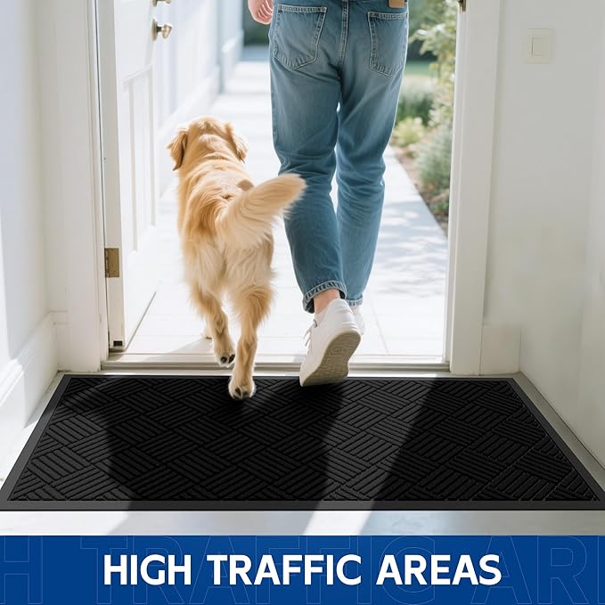 Durable Indoor Outdoor Door Mat, 3' x 5' Heavy Duty Front Door Mat for Entryway, Non-Slip Backing, Stain and Fade Resistant, Absorbent Commercial Floor Mat for High Traffic Area, Black