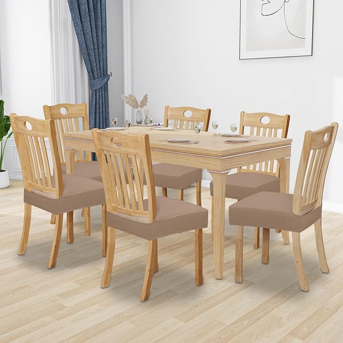 Easy-Going 100% Waterproof Seat Covers for Dining Room Chairs Set of 6, Stretch Chair Seat Slipcovers Protector Removable and Washable Kitchen Dining Chair Covers, Camel