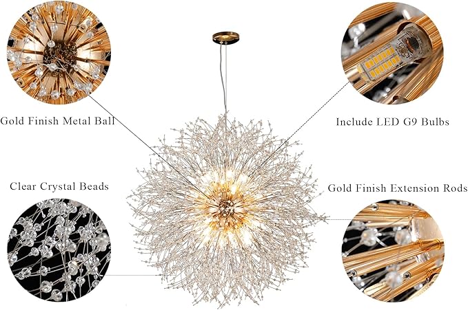 Modern Sputnik Chandelier, Large Crystal Beaded Hanging Light, Gold 16-Light Firework Lamp, Round Dandelion Pendant Light Fixtures for Dining Room Living Room Bedroom (Gold, D31.4inch)