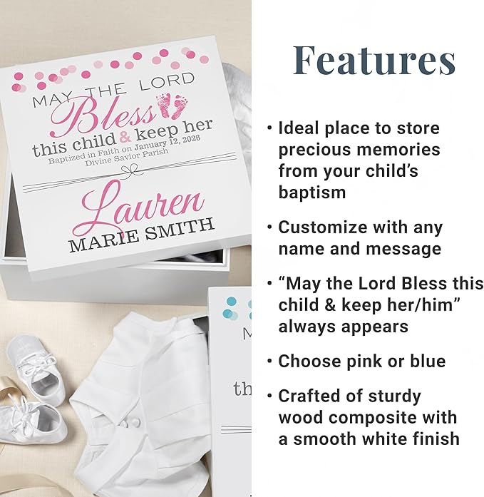 Let's Make Memories Personalized Keepsake Box for Blessed Child - Memories Box - Baptism - Confirmation - Memento Storage - For Girls - 6" Hx12 Sq - May the Lord Bless - Pink