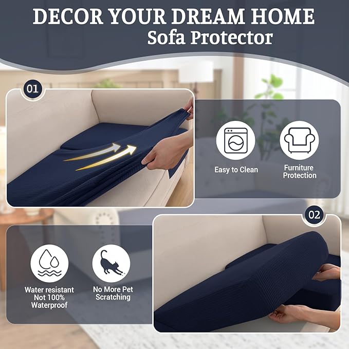 Sectional Couch Covers for Sofa Cushion L Shaped Couch Cover Washable Soft Couch Cushion Covers Stretch Sofa Slipcovers with 2 Pcs Pillowcases(4-Piece 3 Seater + 1 Chaise, Navy)