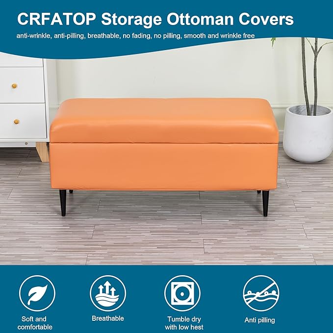 CRFATOP Waterproof PU Ottoman Stool Cover Stretch Folding Storage Footstool Bench Slipcovers Upholstered Foot Chest Chair Covers Washable Entryway Furniture Protector with Elastic Bands,L,Orange
