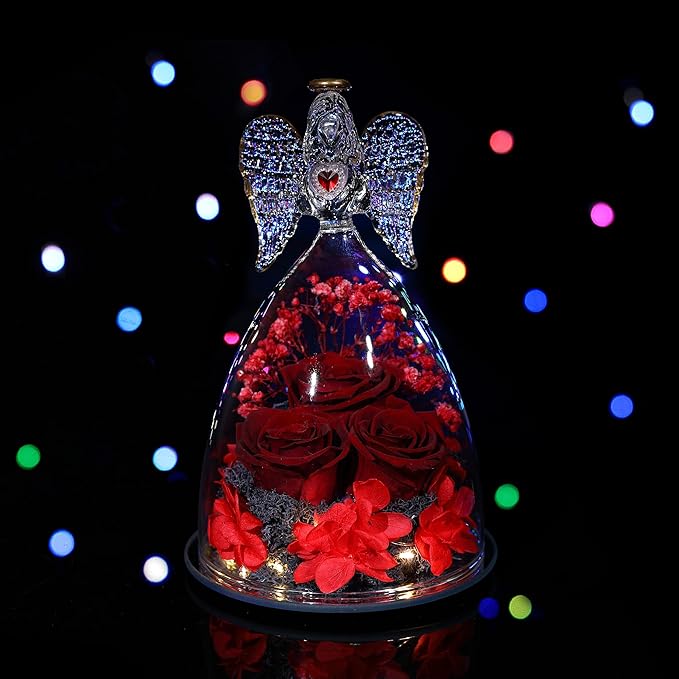 Mothers Day Rose Gifts for Women, Large Angel Figurines with Real Roses, Preserved Real Flower Rose for Her - Wine Red