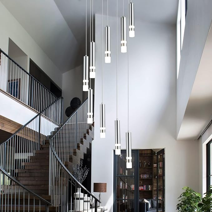 9-Light Modern Pendant Light Fixture Dimmable LED 54W Chrome Staircase Large Chandelier Lobby Living Room Bedroom Foyer High Ceiling Chandelier