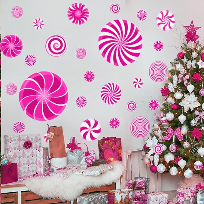 77 Pcs Christmas Candy Wall Decals Decorations Christmas Wall Stickers Pink Peppermint Candy Floor Decals for Xmas Candyland Party Decorations