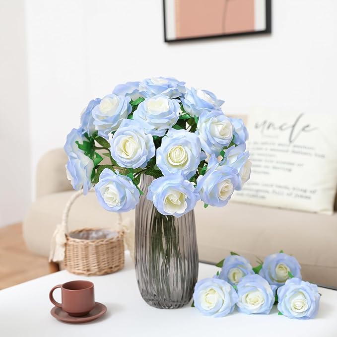 Nubry Artificial Silk Rose Flower Bouquet Lifelike Fake Rose for Wedding Home Party Decoration Event Gift 10pcs (Gradient Light Blue)