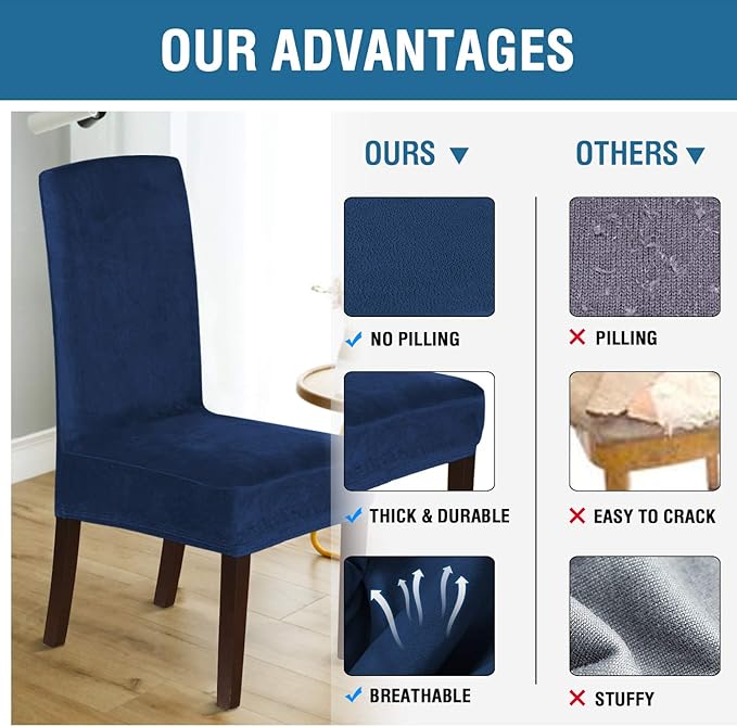 H.VERSAILTEX Velvet Dining Chair Covers Stretch Chair Covers for Dining Room Set of 2 Parson Chair Slipcovers Chair Protectors Covers Dining, Soft Thick Solid Velvet Fabric Washable, Navy