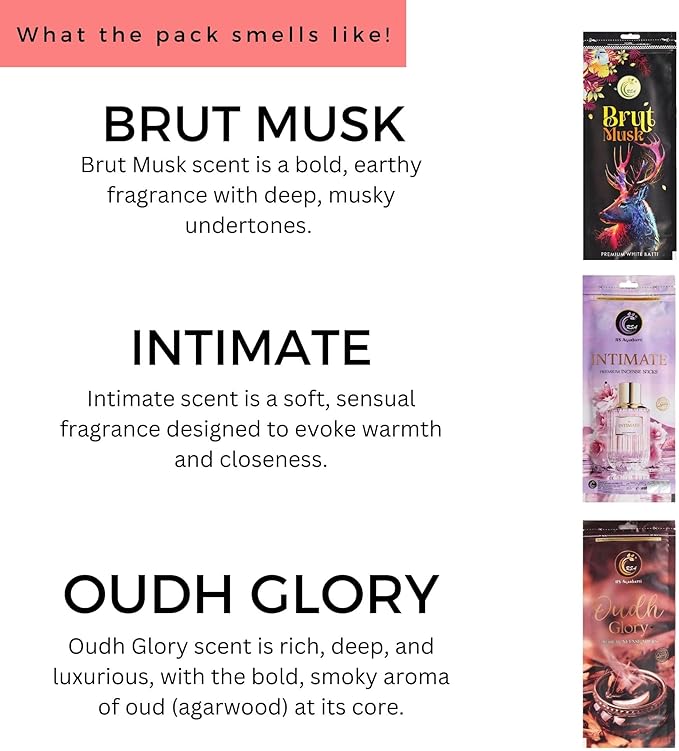 Hashcart Natural Incense Sticks Gift Set of 3 Includes 200+ Sticks Each of Fragrances Brut Musk, Intimate, Oudh Glory Scent, 110g Each Pack with 1 Assorted Incense Stick Holder