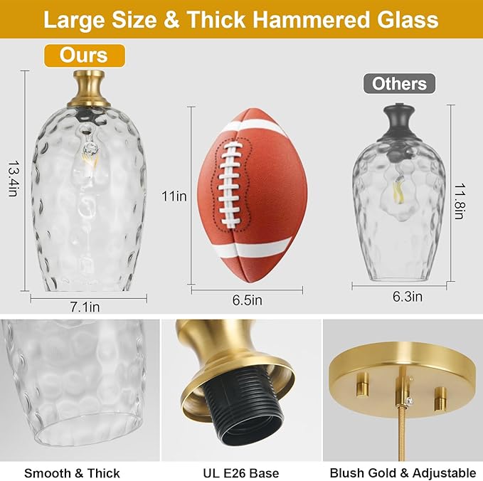 Glass Pendant Lights Kitchen Island, Large Size 7.1in Gold Pendant Light Fixtures with Hammered Clear Glass for Kitchen Over Sink Dining Room Bedroom, E26
