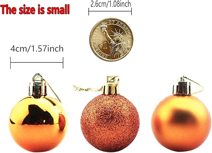 Bestjybt 24pcs 1.57" Small Christmas Ball Ornaments Shatterproof Christmas Decorations Tree Balls for Holiday Wedding Party Decoration, Tree Ornaments Hooks Included (Orange, 4cm/1.57")