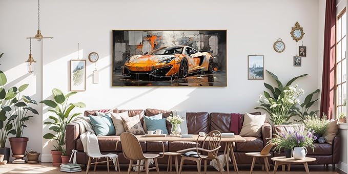 Wall Art Modern Artwork Orange Graffiti Car Wall Decor Canvas Painting for Living Room Bedroom Dining Room Home Office Decor 30"x60" with Framed