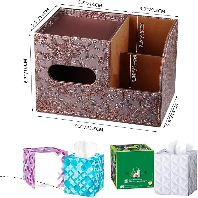 PU Leather Tissue Box Cover Square,Tissue Box Holder Organizer with Storage Tray and Remote Control Holder for Bathroom Countertop Night Stands Bedroom Office Desk,Napkin Caddy Decorative Black