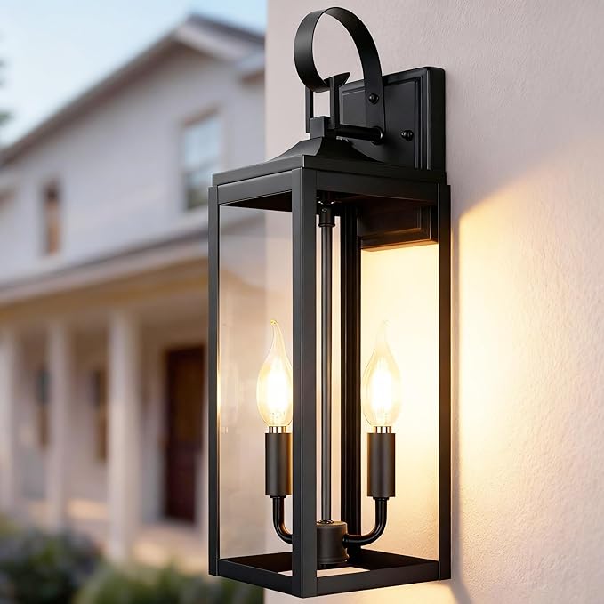 OKELI 17.6" Black Outdoor Wall Light Fixture, Large Exterior Porch Lighting 2-Light Farmhouse Outside Lantern Lights with Clear Glass Waterproof Wall Sconces Lamp for House Garage